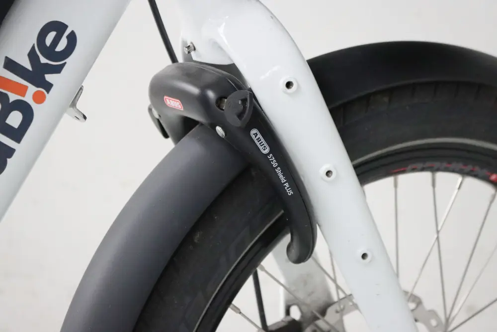 bike with cargo box detail of the frame lock